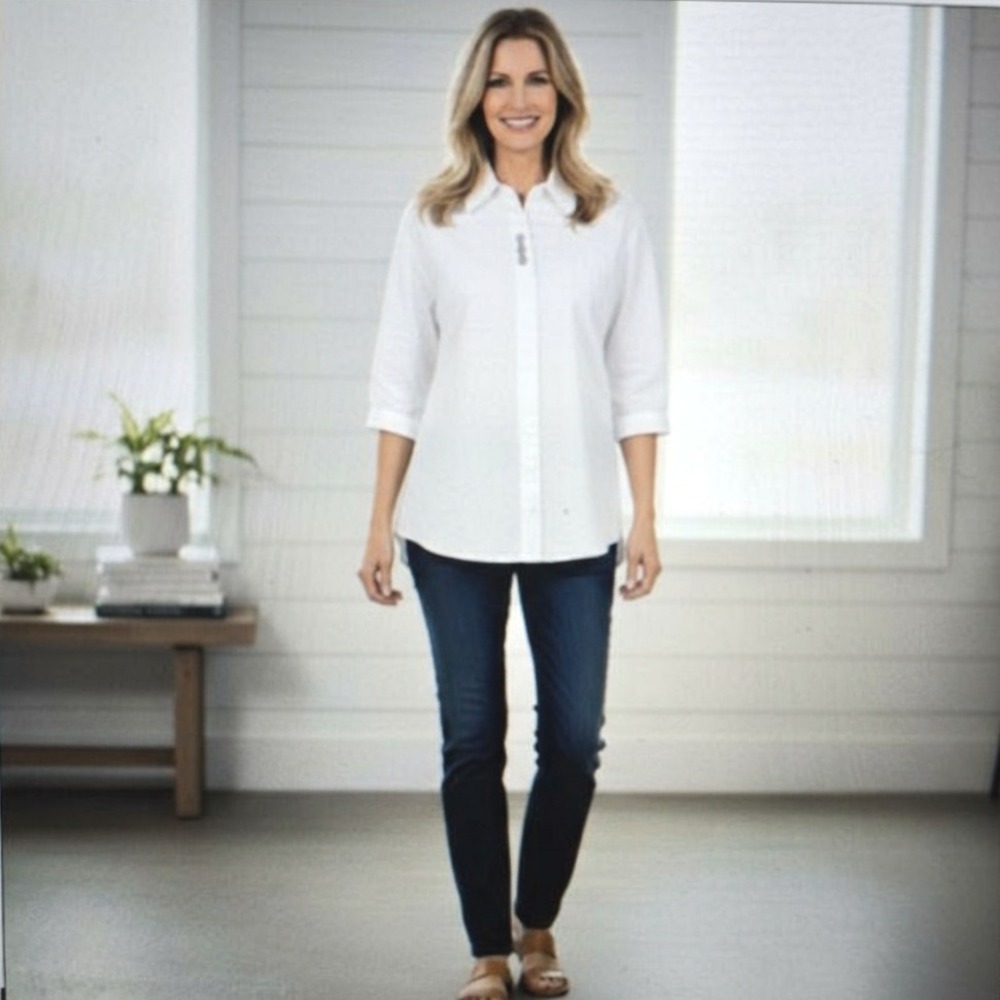 Coldwater Creek Womens PS White Cotton Tunic Metal Embellished Detail Top